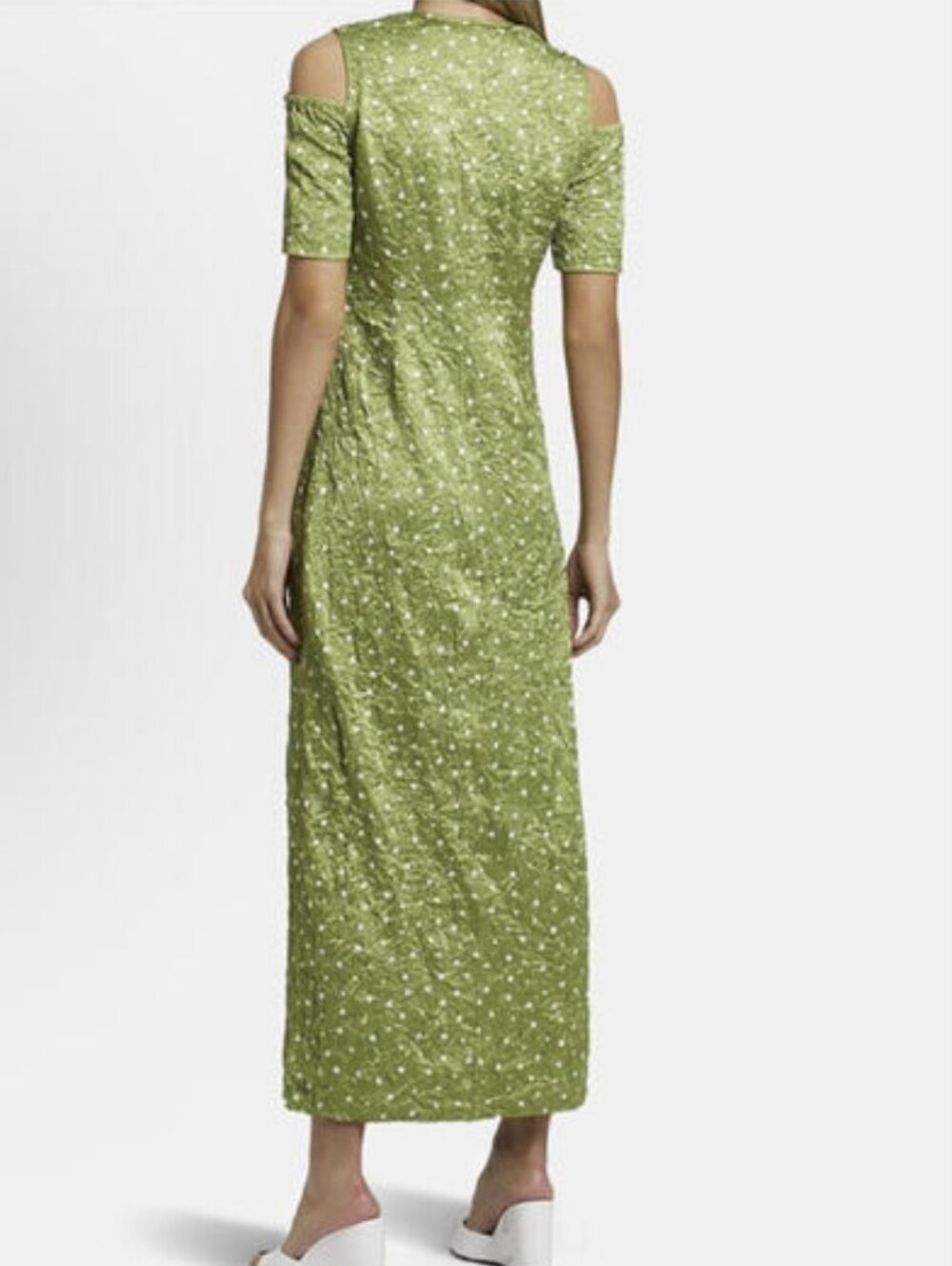 GANNI Green Polka Dot Cold Shoulder Midi Dress Size 34 US 4 V Neck Satin NWOT - Picture 2 of 16